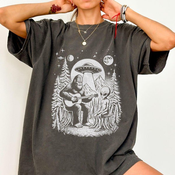 Bigfoot & Alien Guitar Jam TShirt Funny UFO Sasquatch Tee, Space