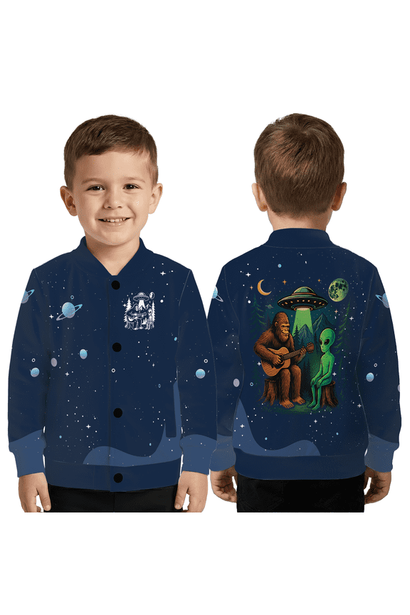 Bigfoot Alien Jacket, Bigfoot Playing Guitar with Alien & UFO Outerwear, Funny Space Camping Graphic Baseball Jacket