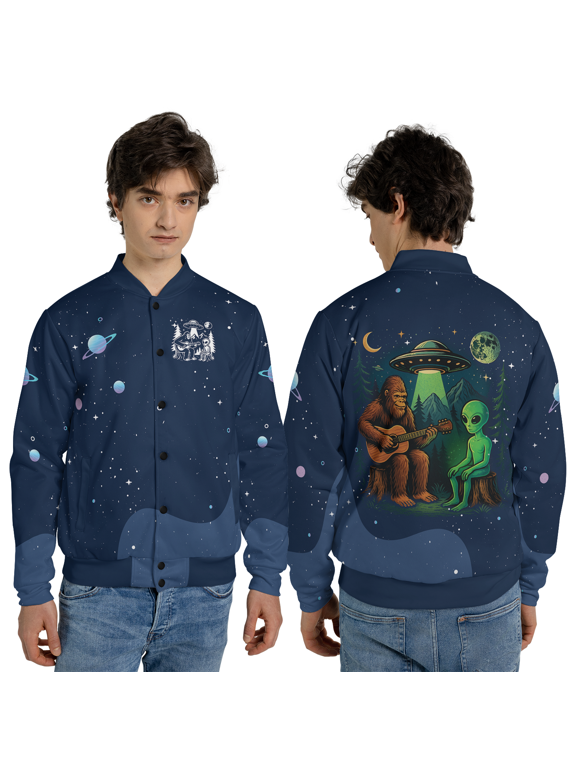 Bigfoot Alien Jacket, Bigfoot Playing Guitar with Alien & UFO Outerwear, Funny Space Camping Graphic Baseball Jacket