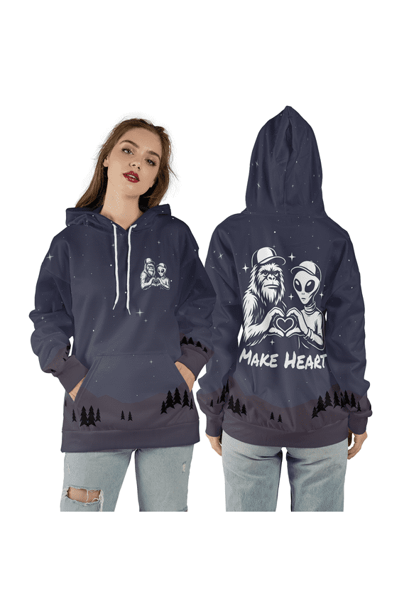 Bigfoot Alien Love 3D Hoodie, Sasquatch UFO Couple Make Heart 3D Hooded Sweatshirt, Galaxy Friendship Space Sasquatch 3D Pullover Hoodie