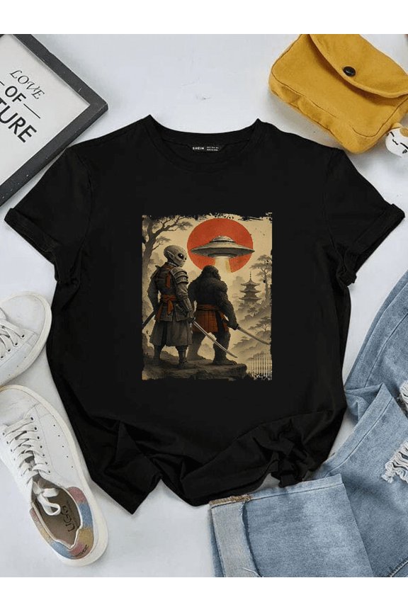 Bigfoot Alien Ninja Japanese Samurai Ukiyo e Graphic Tee Unisex T-Shirt, S-5XL