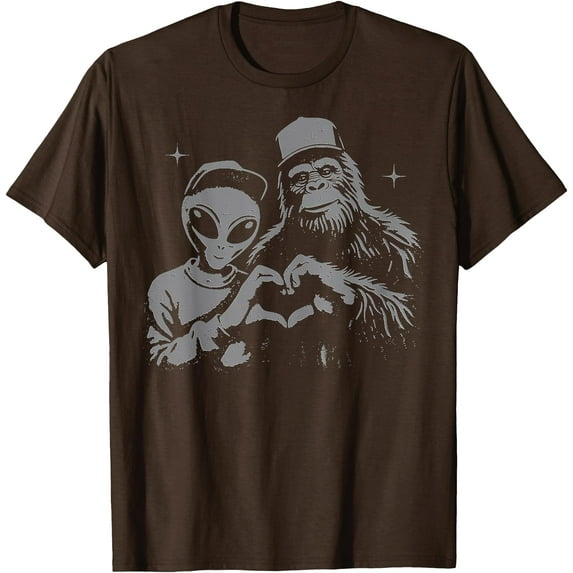 Bigfoot & Alien Sasquatch Love Hand Sign Unisex T-Shirt for Men Women Kids Toddler,Dark Chocolate Color,Size YXS