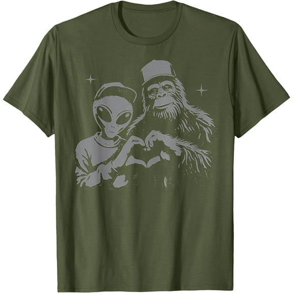 Bigfoot & Alien Sasquatch Love Hand Sign Unisex T-Shirt for Men Women Kids Toddler,Military Green Color,Size M