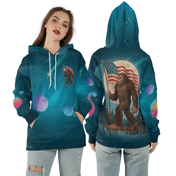 Bigfoot American Flag 3D Hoodie, Patriotic Sasquatch Space Moon 3D Hooded Sweatshirt, USA Independence 3D Hoodie