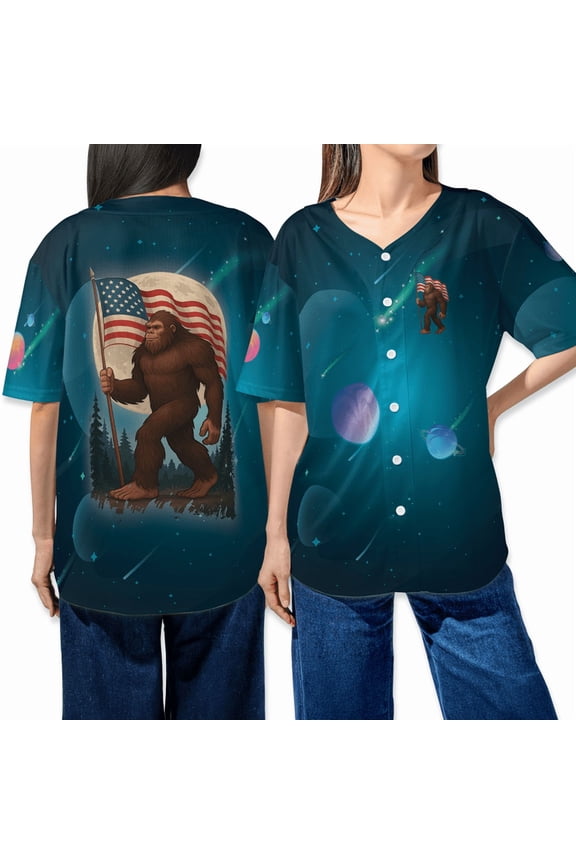 Bigfoot American Flag Patriotic Baseball Jersey – USA Flag Cryptid Shirt – Funny 4th of July Space Graphic Tee
