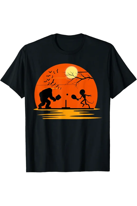 Bigfoot And Alien Playing Pickleball Halloween Sunset T-Shirt Size S-5XL