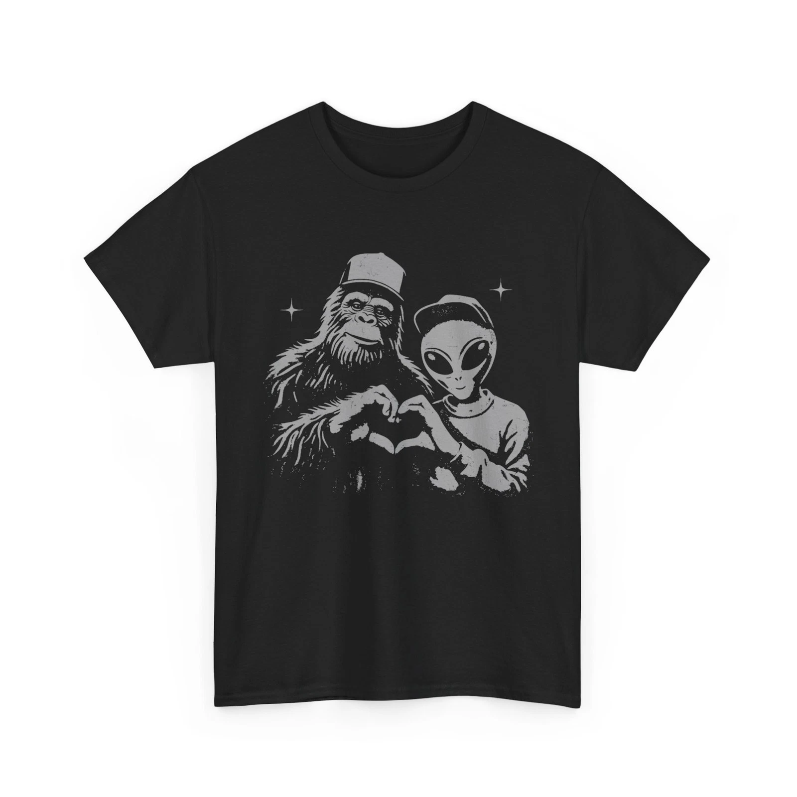 Bigfoot And Alien Sasquatch Love Heart Hand Sign Galaxy Mystery Tee ...