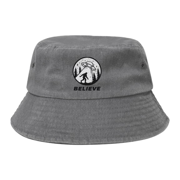 Bigfoot And Ufo Washed Bucket Hat For Men Women Denim Bucket Hat Sun Hat Cowboy Fishing Beach Hat