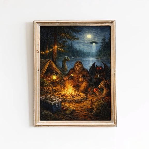 Bigfoot Art Cryptid Campfire Mothman Ufo Fantasy Forest Night Camping Poster , Poster Print Only