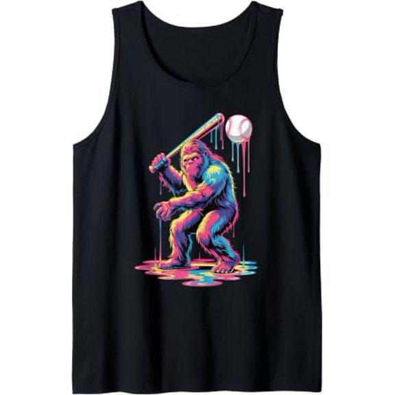 Bigfoot Baseball Dripping Paint Sasquatch Baseball Hitter Tank Top Size S-3XL