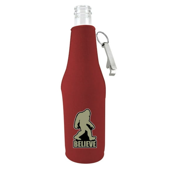 Bigfoot Believe Beer Bottle Coolie With Opener (Burgundy)