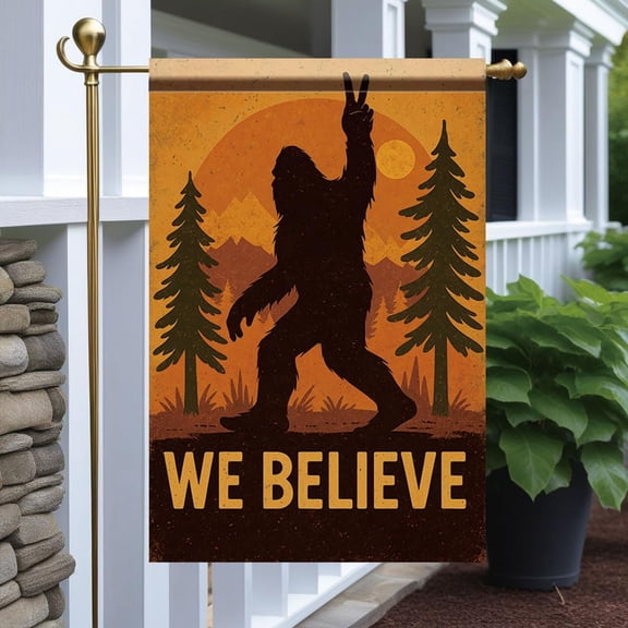 Bigfoot We Believe Garden Flag 12x18 Inch Double Sided Outdoor Yard Banner Retro Sasquatch Silhouette with Mountains and Trees for Camping Cabin Forest Decor