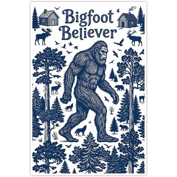 Bigfoot Believer Canvas Print Wall Art Decor featuring Sasquatch in Forest Wilderness with Moose Deer Wolves Trees Log Cabins,Perfect for Bedroom Living Room Home Decor