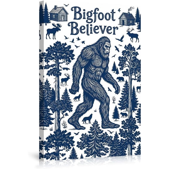 Bigfoot Believer Canvas Print Wall Art Decor featuring Sasquatch in Forest Wilderness with Moose Deer Wolves Trees Log Cabins,Perfect for Bedroom Living Room Home Decor