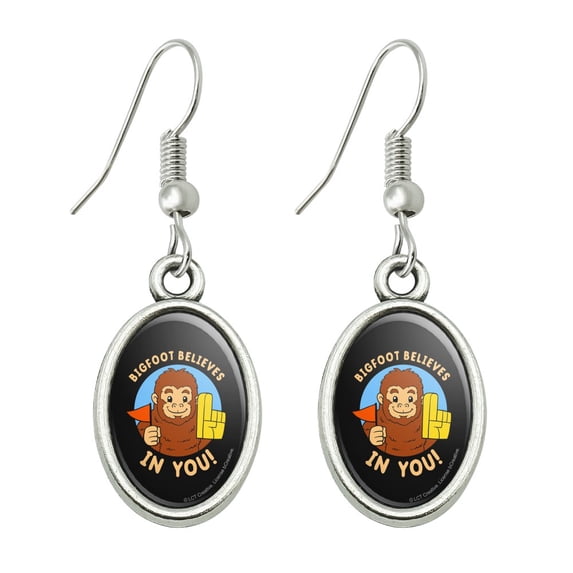 Bigfoot Believes in You Funny Humor Novelty Dangling Drop Oval Charm Earrings