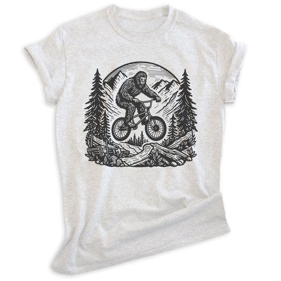 Bigfoot Biking T-shirt, Unisex Women's Men's Shirt, Funny Bigfoot Bicycling Biking Mountain Bike, Heather Ash, X-Small