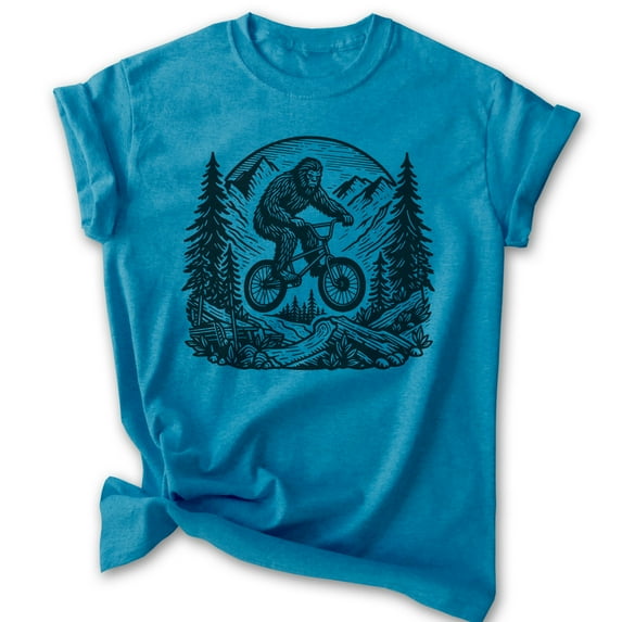Bigfoot Biking T-shirt, Unisex Women's Men's Shirt, Funny Bigfoot Bicycling Biking Mountain Bike, Heather Blue, 3X-Large