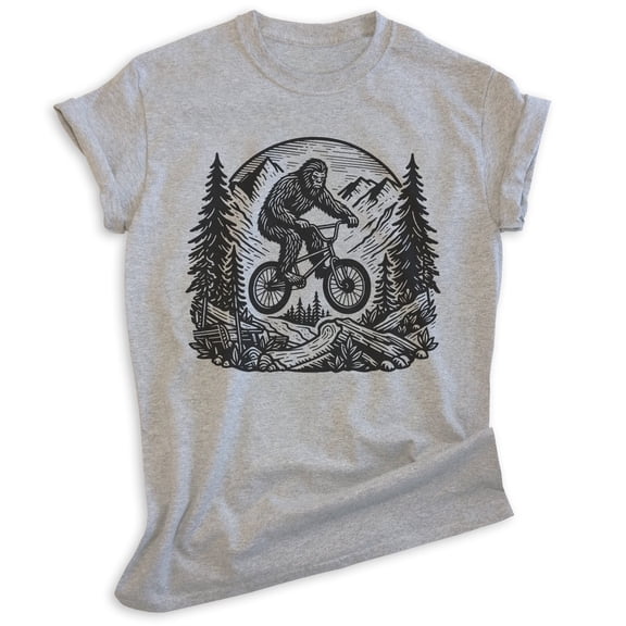 Bigfoot Biking T-shirt, Unisex Women's Men's Shirt, Funny Bigfoot Bicycling Biking Mountain Bike, Heather Gray, Large