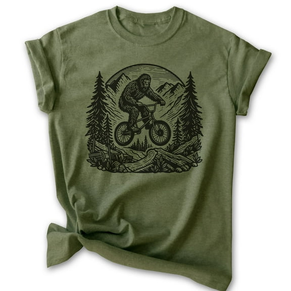 Bigfoot Biking T-shirt, Unisex Women's Men's Shirt, Funny Bigfoot Bicycling Biking Mountain Bike, Heather Military Green, X-Large