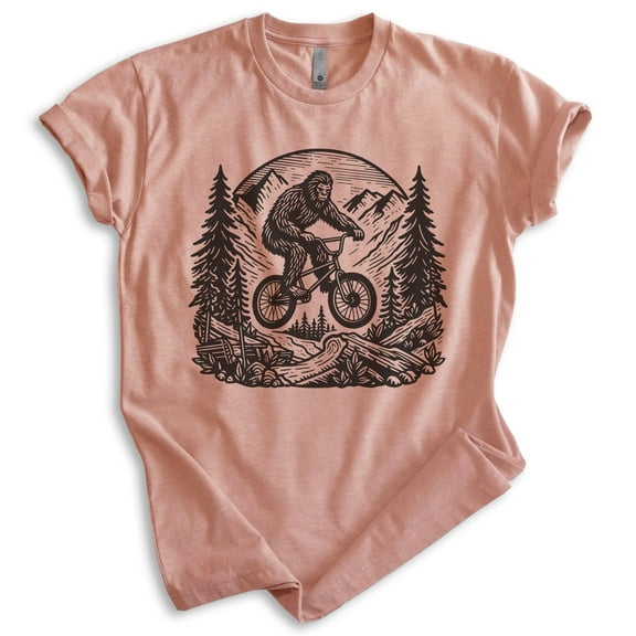 Bigfoot Biking T-shirt, Unisex Women's Men's Shirt, Funny Bigfoot Bicycling Biking Mountain Bike, Heather Sunset, Large
