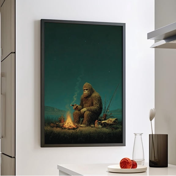 Bigfoot Camping Outdoors Rustic Cabin Decor Vintage Sasquatch Campfire Dad, Unframed Poster