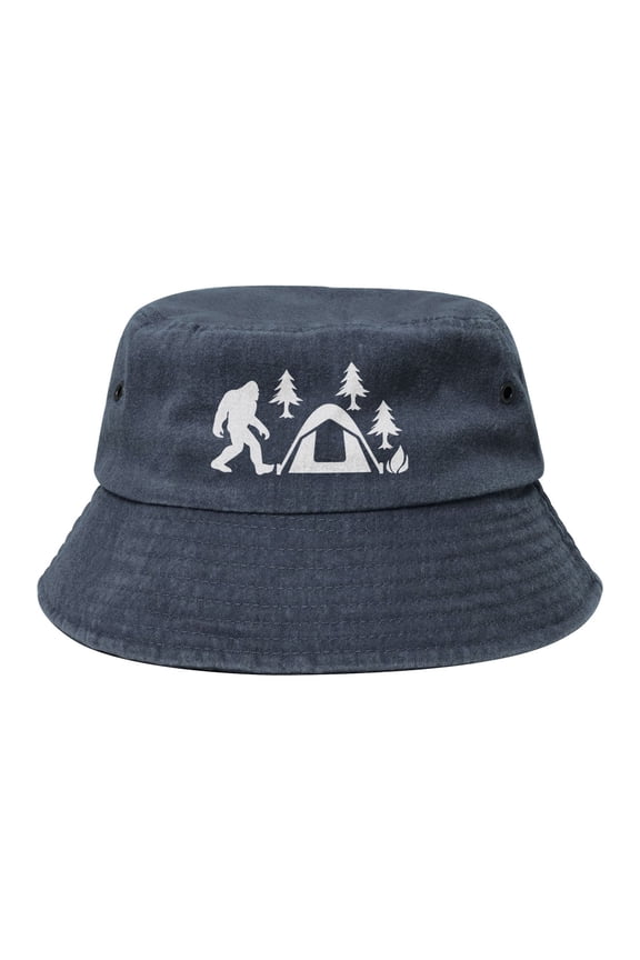 Bigfoot Camping Tent Washed Bucket Hat For Men Women Denim Bucket Hat Sun Hat Cowboy Fishing Beach Hat