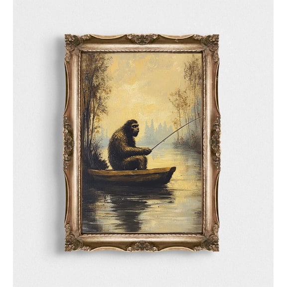 Bigfoot Canoe Fishing, Retro Poster Whimsical Sasquatch Art, Lake House Decor, Him, Outdoor Enthusiast Art, 24x36 UNFRAMED