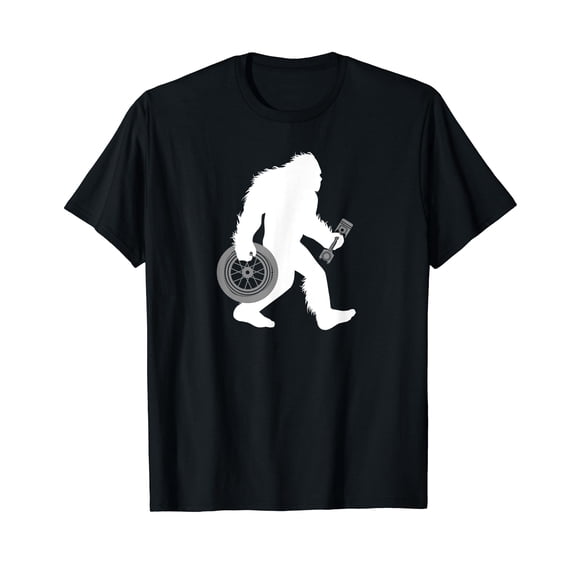 Bigfoot Car Mechanic Sasquatch Tire Technician Cryptid Black T-Shirt