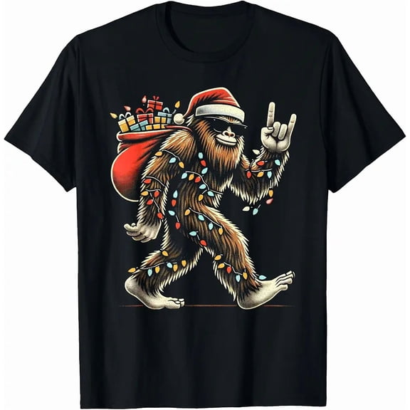 Bigfoot Christmas Lights Funny Football Sasquatch Holiday Art Unisex T-Shirt, up to size 5XL