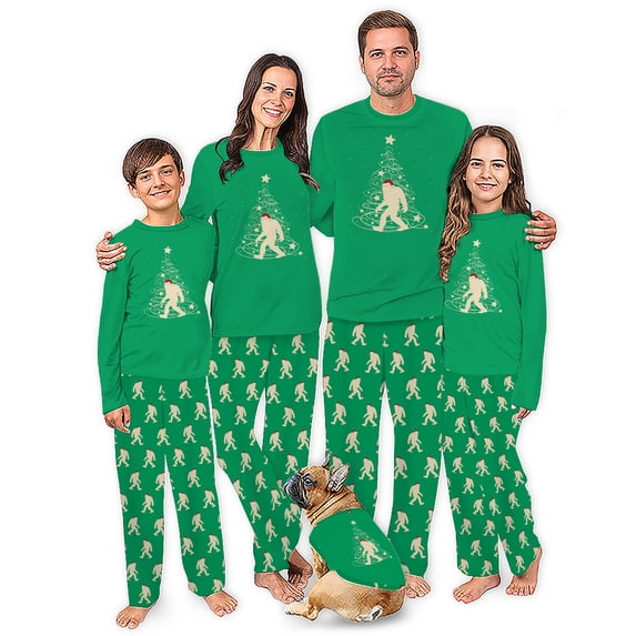 Bigfoot Christmas Tree Matching Family Pajamas, Family And Dog PJs, Plus Sizes, With Pockets