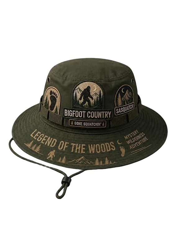 Bigfoot Country Boonie Hat, Legend of The Woods Sasquatch Bucket Hat, Outdoor Camping Hat with Bigfoot Wilderness Design, Wide Brim Outdoor Bucket Hat, for Hiking Camping Fishing