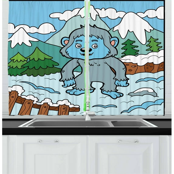 Bigfoot Curtains 2 Panels Set, Colorful Children Animal Illustration on Snowy Hills Pine Trees Winter Season Yeti, Window Drapes for Living Room Bedroom, 55W X 39L Inches, Multicolor, by Ambesonne