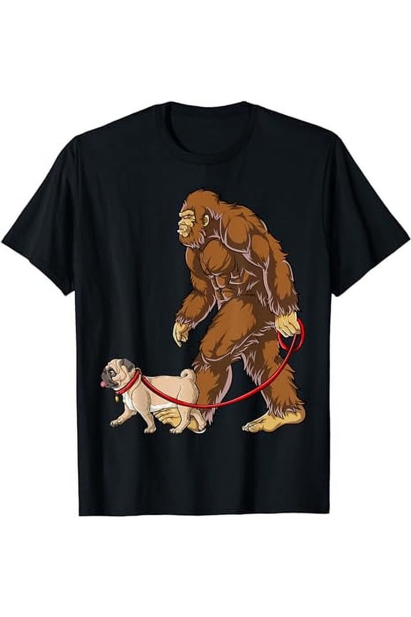 Bigfoot Dog Walk Pug Men Women Sasquatch Lover Gifts Funny T-Shirt