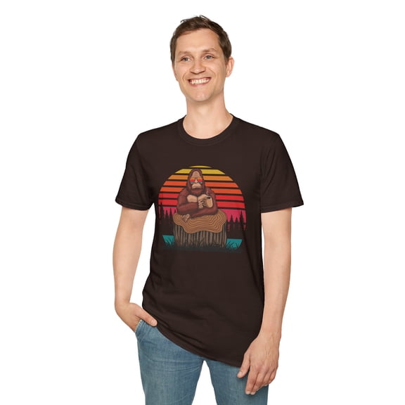 Bigfoot Drinking Coffee, Gildan Unisex Softstyle T-Shirt, Graphic Tee S-3XL