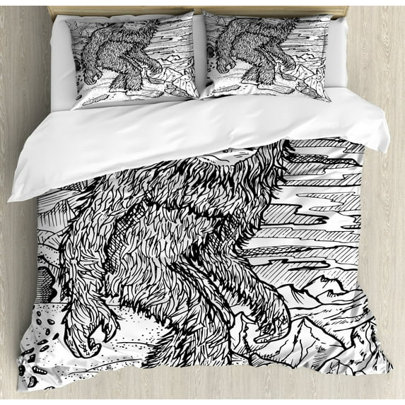 Bigfoot Duvet Cover Set King Size, Mythical Creature Snowman Figure on the Hills Leaving Footprints behind Him, Decorative 3 Piece Bedding Set with 2 Pillow Shams, Black and White, by Ambesonne