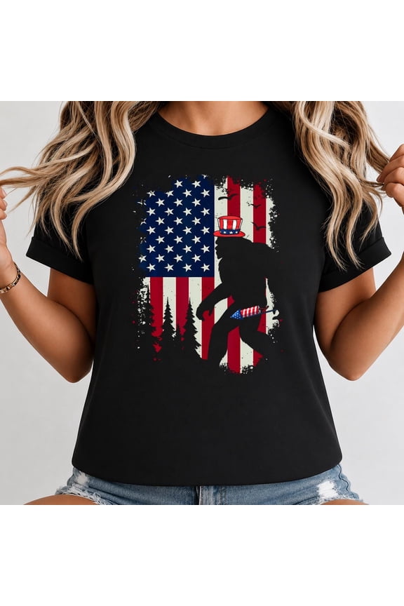 Bigfoot Fireworks 4th Of July Shirt, Funny Sasquatch American Flag Tee for Men, Patriotic USA Independence Day T-Shirt