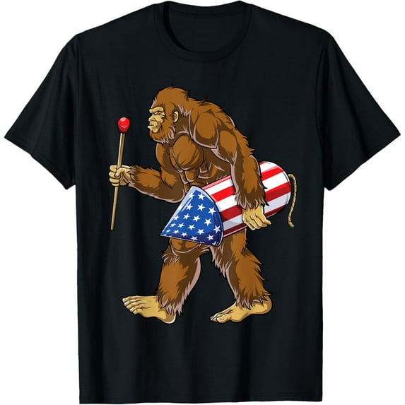 Bigfoot Fireworks 4th of July Men Sasquatch American Flag US T-Shirt