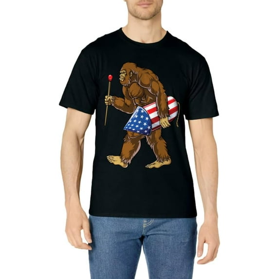 Bigfoot Fireworks 4th of July Men Sasquatch American Flag US T-Shirt