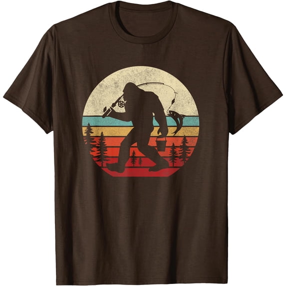 Bigfoot Fishing Funny Retro Sasquatch Unisex T-Shirt for Men Women Kids Toddler,Dark Chocolate Color,Size 5XL