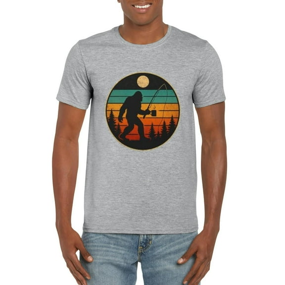 Bigfoot Fishing Retro Sasquatch Funny Dad Outdoors Camping T-Shirt Design, for men & women, up to size 5XL
