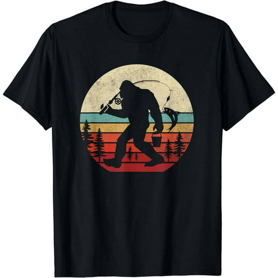 Bigfoot Fishing Shirt Funny Retro Sasquatch Dad Men T-Shirt