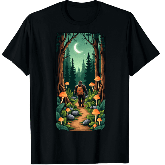 Bigfoot Foot Print Forest Nature Mushroom Sasquatch Cryptid Graphic Black T-Shirt for Men and Women