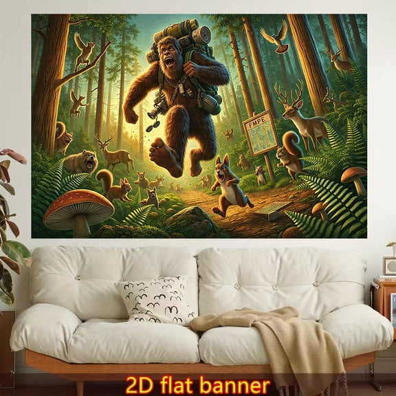 A Bigfoot Forest Adventure-themed tapestry, made of polyester material, easy to hang, and suitable for dormitories, bedrooms, parties, and outdoor decoration.