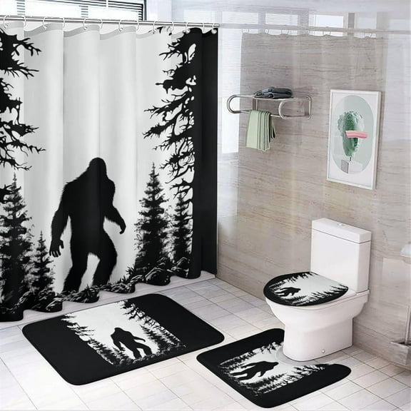 Bigfoot Forest Snow 4Pcs Bathroom Shower Curtain Set,Bathroom Sets with Rugs (Bath Mat,U Shape and Toilet Lid Cover Mat), Bathroom Decor Set,Bathroom Curtain