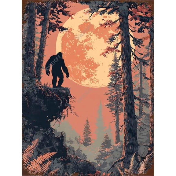 Bigfoot Full Moon Forest Night Cliff Tin Sign, Vintage Metal Wall Decor for Living Room, Den or Cabin, Nature Lovers Gift, 8 x 12 Inch