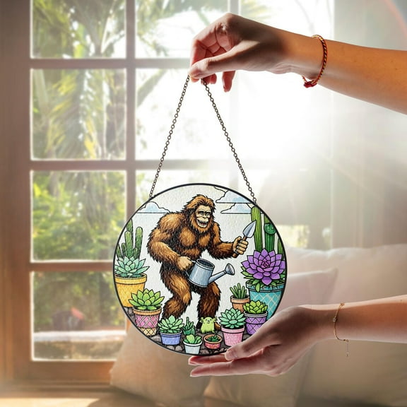 Bigfoot Glass SunCatcher, Sasquatch Gardening Window Hanging, Gardening Home Decor, Bigfoot Lover Gift, Plant Lover Gift,Cactus Leaves Decor
