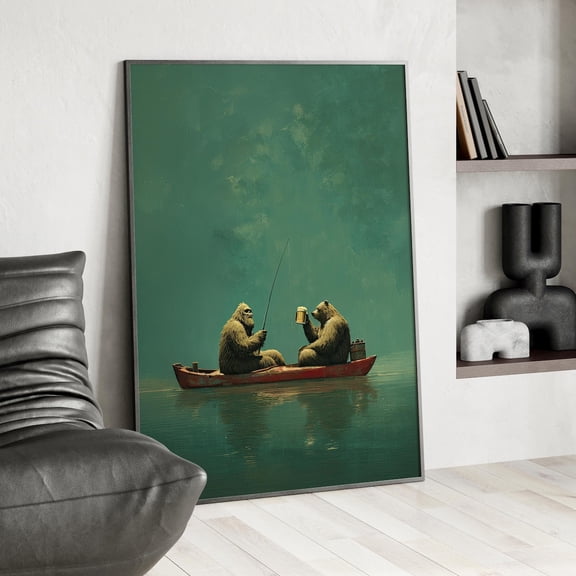 Bigfoot Grizzly Canoe Fishing Wall Art Whimsical Lake Decor, Unframed Paper Print Size 8x12