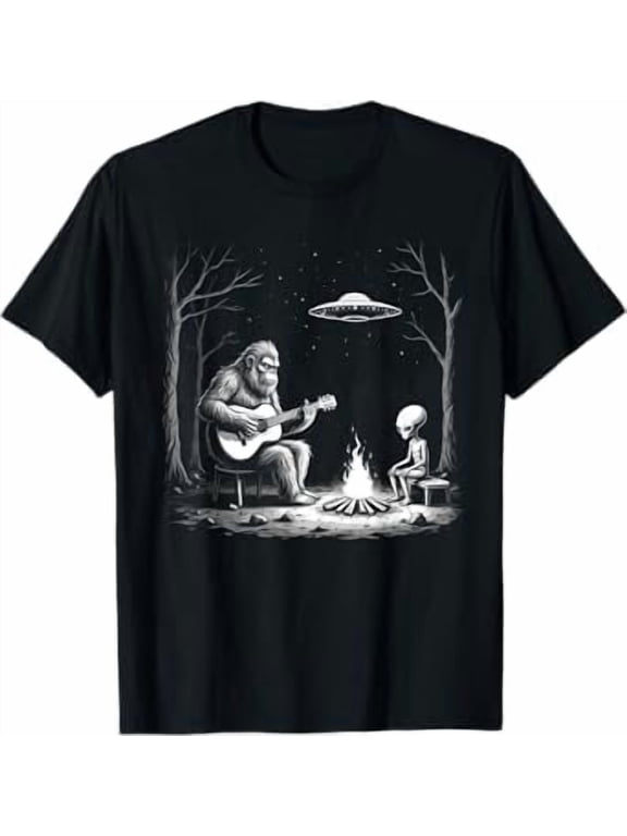 Bigfoot Guitar Tee Campfire Alien Ufo Camping Sasquatch T-Shirt