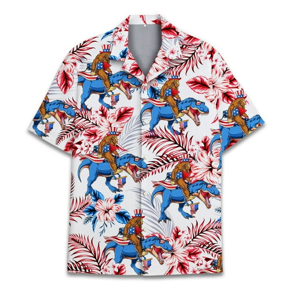 Bigfoot Hawaiian Shirts for Men, Patriotic Sasquatch Gifts, 4th of July American Dinosaur Button up Shirt Men
