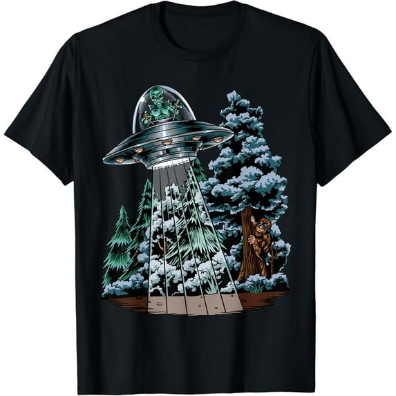 Bigfoot Hiding From Alien In A UFO Behind A Tree Forest T-Shirt